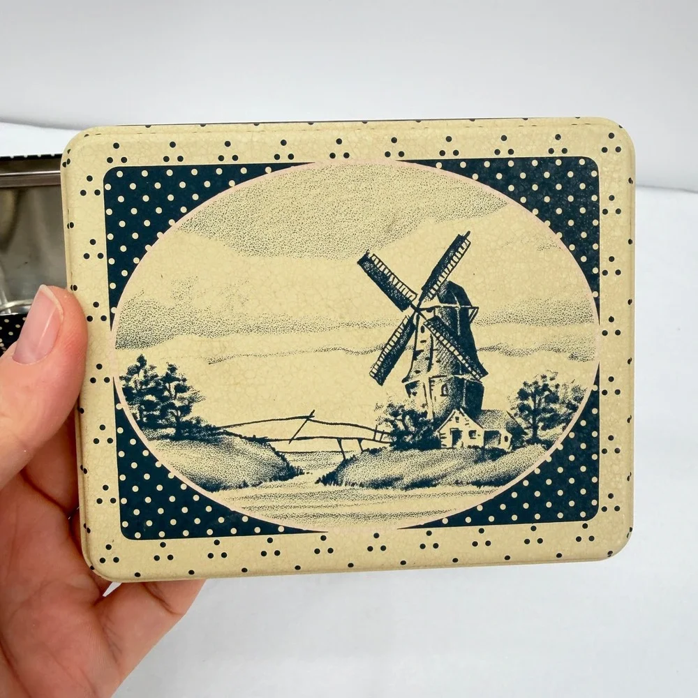 Vintage Windmill Tin Trinket Box Polka Dot Floral Storage Decor Cottage Kitsch